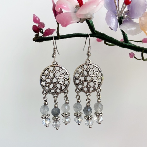 Smokey quartz beads dream catcher boho earrings - Picture 5 of 7